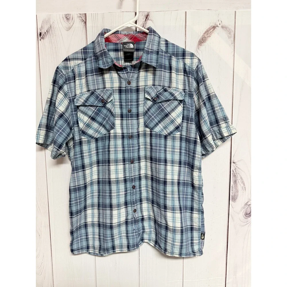 The North Face Men's Short Sleeve Button Up Shirt Large Blue Plaid Cotton Modal